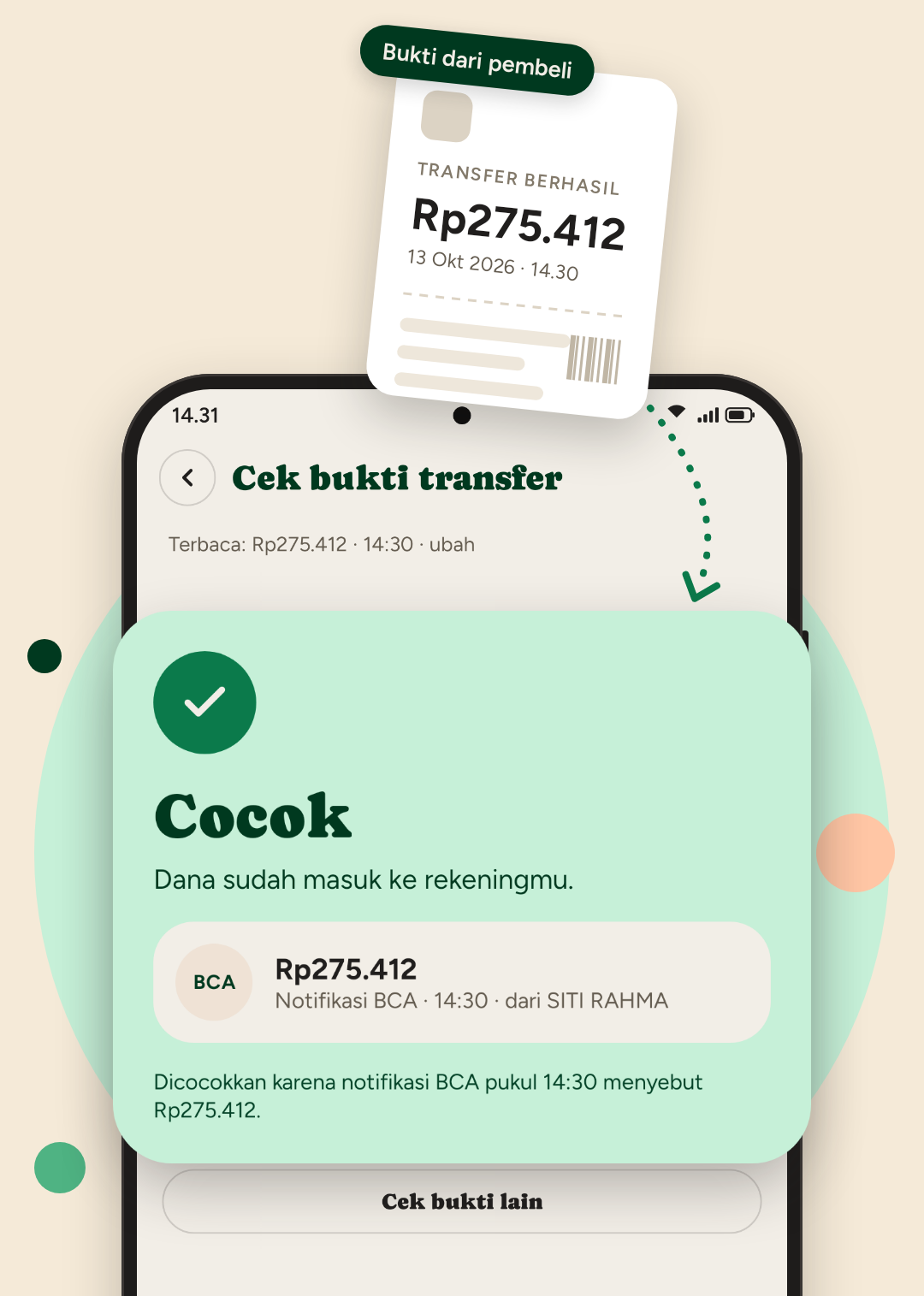 Hasil cek bukti transfer di CekMasuk: Cocok, dana Rp275.412 sudah masuk, cocok dengan notifikasi BCA pukul 14.30 dari SITI RAHMA