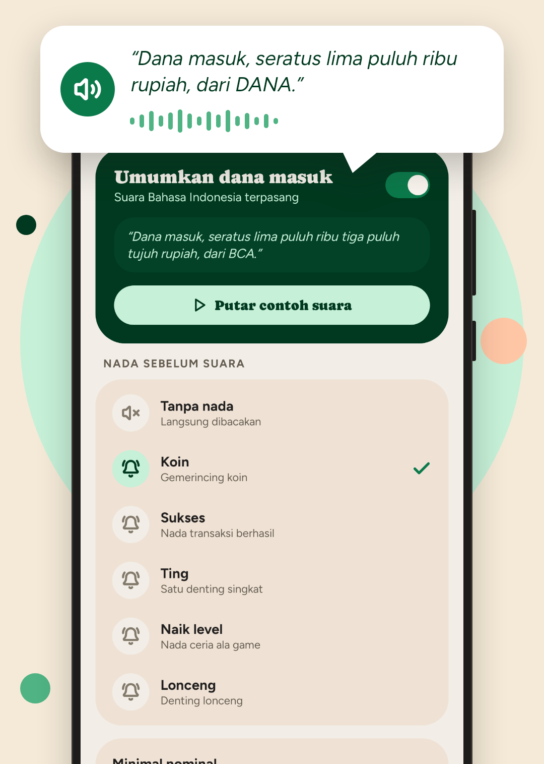 Layar Suara notifikasi di CekMasuk dengan kalimat yang dibacakan: Dana masuk, seratus lima puluh ribu rupiah, dari DANA, dan pilihan nada Koin, Sukses, Naik level, dan Lonceng