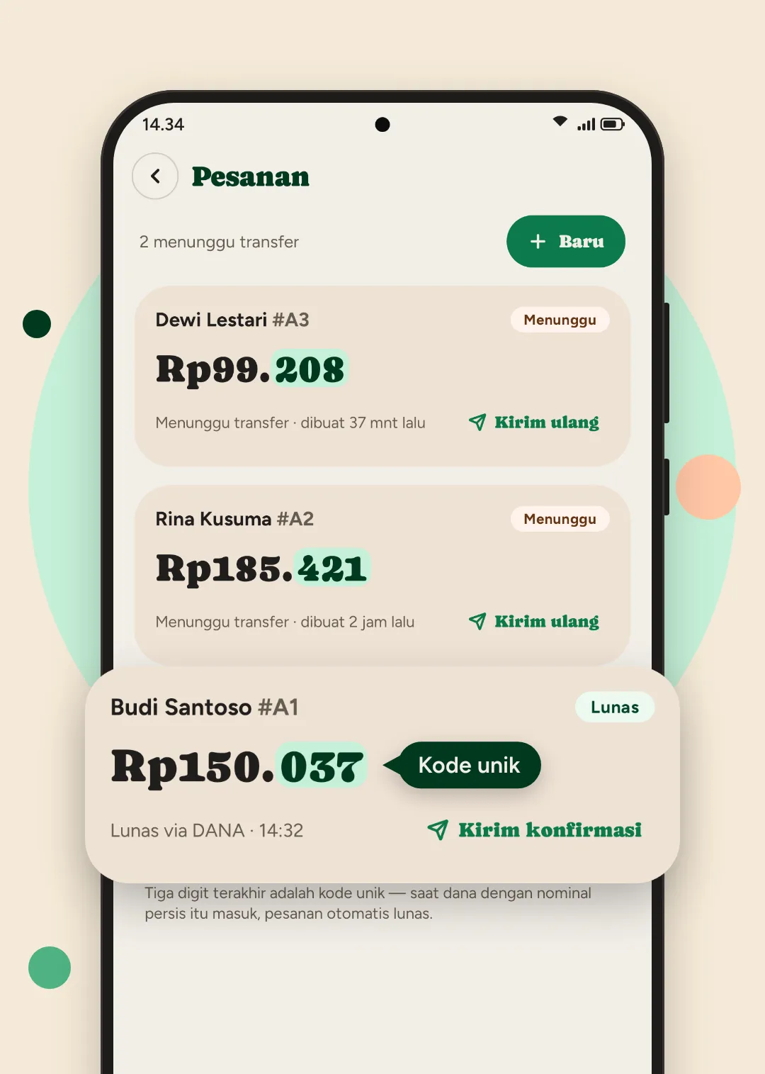 Daftar pesanan di CekMasuk: pesanan Budi Santoso Rp150.037 lunas via DANA, dua pesanan lain menunggu transfer