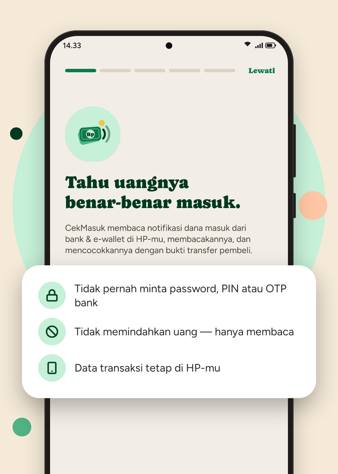 Halaman pembuka CekMasuk dengan tiga janji: tidak pernah minta password, PIN atau OTP bank; tidak memindahkan uang, hanya membaca; data transaksi tetap di HP