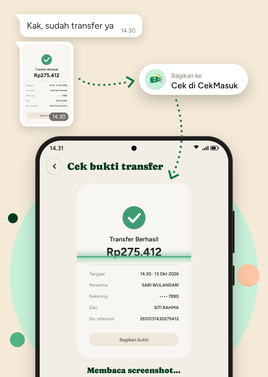 Screenshot bukti transfer dari chat pembeli dibagikan ke Cek di CekMasuk, lalu dibaca di layar Cek bukti transfer