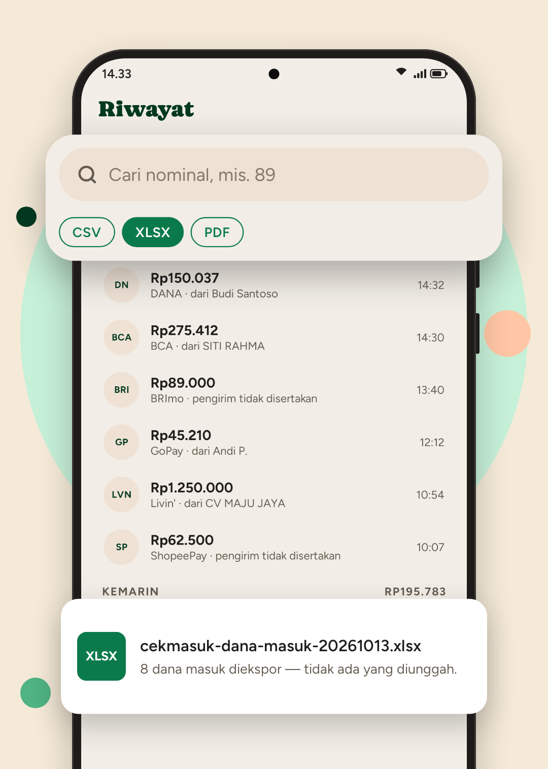 Layar Riwayat di CekMasuk dengan pencarian nominal dan tombol ekspor CSV, XLSX, dan PDF, serta file cekmasuk-dana-masuk.xlsx yang baru diekspor